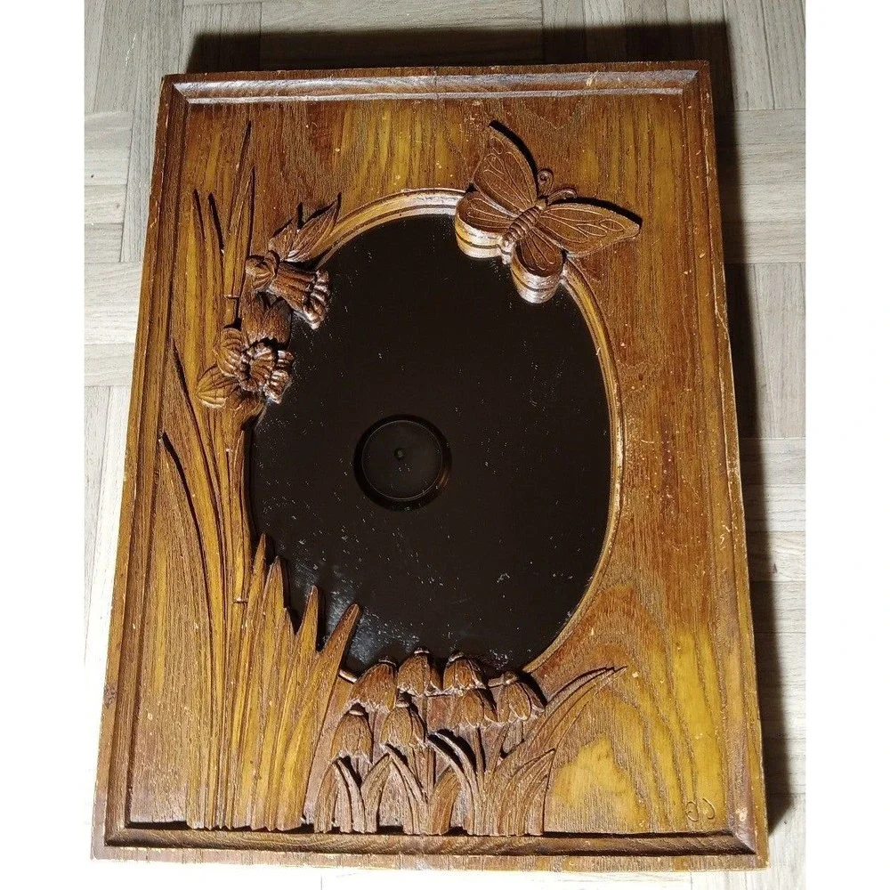 Vintage Einar Johansen Wood Carved Mirror 1976 Butterfly Daffodil Bluebells